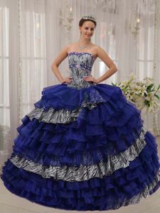 Fitted Zebra Print Quinceanera Gown with Ruffled Layers