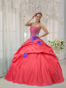 Red Ball Gown Beading Quinceanera Dress with Hand Made Flowers