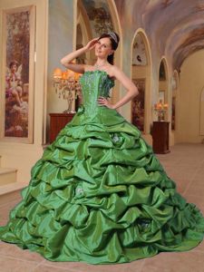 Beading Green Pick-ups Sweet 15 Dresses with Hand Made Flowers