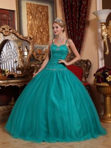 Teal Tulle Beaded Dress for a Quince with Spaghetti Straps in Vogue