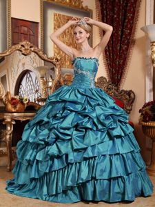 Trendy Strapless Teal Quinceanera Dress with Beading and Pick-ups