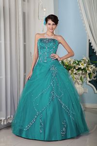 Turquoise Strapless Beading Tulle Quinceanera Gowns on Promotion
