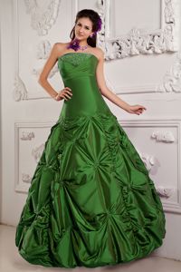 Bud Green Strapless Beaded A-line Sweet 16 Dress with Pick-ups