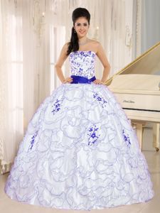 Bambi Awards White Ruffled Quince Dresses with Blue Ribbon and Embroidery
