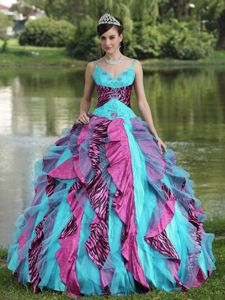 Spaghetti Straps Appliqued Quinces Dresses with Colorful Ruffles