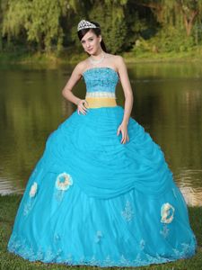 Appliqued Aqua Blue Dress 15 with Sash and Hand Made Flowers