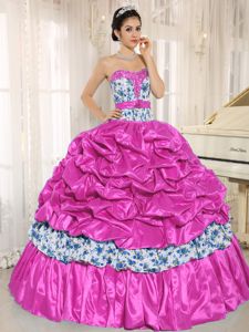 Tiered Beading Printing Dress for Quince with Pick-ups and Ribbon