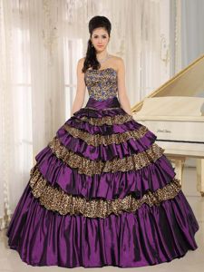 Strapless Multi-tiered Purple Dresses off 15 with Leopard Decorate