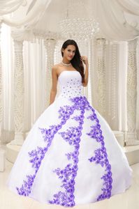 White Strapless Quinceanera Party Dress with Purple Embroidery