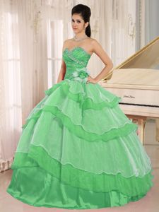 Apple Green Tiered Sweet 16 Dresses with Hand Made Flowers