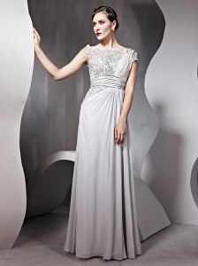Silver Mother Dresses Prom and Party and For with Appliques and Ruching Bateau Cap Sleeves Side Zipper