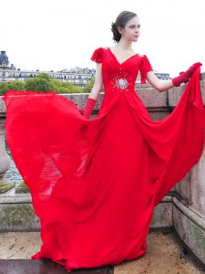 V-neck Cap Sleeves Brush Train Lace Up Mother of Bride Dresses Red Chiffon