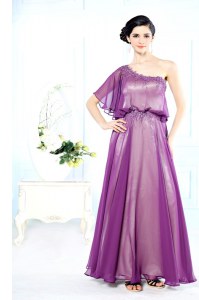Charming One Shoulder Purple Chiffon Side Zipper Mother of Groom Dress Half Sleeves Floor Length Beading
