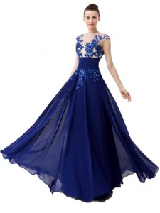 Blue Mother of Groom Dress Prom and For with Beading and Appliques High-neck Cap Sleeves Zipper