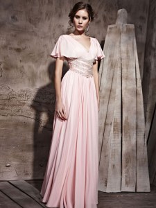 Pink Column/Sheath Beading and Ruching Mother Dresses Side Zipper Chiffon Short Sleeves Floor Length