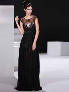 Comfortable Scoop Floor Length Backless Mother of Groom Dress Black for Prom and Party with Appliques