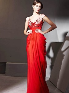 Red Zipper Mother Dresses Beading and Appliques and Ruching Cap Sleeves Floor Length