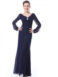 Best Selling Navy Blue Long Sleeves Ruching Ankle Length Mother Dresses