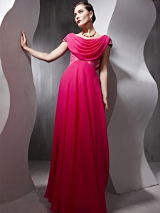 Scoop Cap Sleeves Mother Dresses Floor Length Beading and Ruching Hot Pink Chiffon