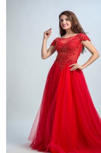 Custom Fit Red Tulle Zipper Bateau Cap Sleeves Floor Length Mother of Bride Dresses Lace