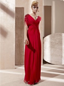 Red Column/Sheath Organza V-neck Short Sleeves Beading and Ruching Floor Length Side Zipper Mother of Groom Dress