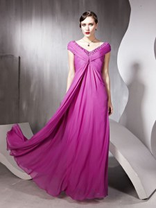 Traditional Rose Pink Tulle Zipper V-neck Cap Sleeves Floor Length Mother of the Bride Dress Beading and Ruching