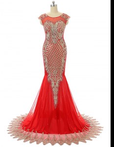 Red Zipper Scoop Beading and Lace Mother of Bride Dresses Satin Sleeveless Brush Train