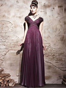 Fabulous Chiffon Cap Sleeves Floor Length Mother Dresses and Beading and Ruching