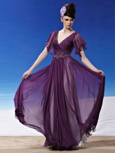 Captivating V-neck Short Sleeves Side Zipper Mother of Bride Dresses Dark Purple Chiffon