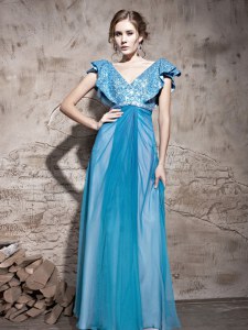 Beautiful V-neck Cap Sleeves Tulle Mother of Bride Dresses Sequins Zipper