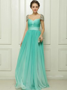 Excellent Turquoise Column/Sheath Chiffon Sweetheart Cap Sleeves Beading and Ruching Zipper Mother Dresses