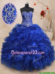 Excellent Beading and Ruffles Quinceanera Dress Royal Blue Lace Up Sleeveless With Brush Train