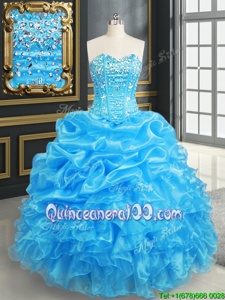 Organza Sweetheart Sleeveless Lace Up Beading and Ruffles and Pick Ups 15th Birthday Dress inBaby Blue