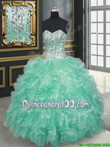 Pretty Sweetheart Sleeveless 15th Birthday Dress Floor Length Beading and Ruffles Apple Green Organza