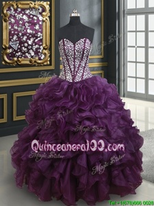 Vintage Dark Purple Ball Gowns Organza Sweetheart Sleeveless Beading and Ruffles Floor Length Lace Up Quinceanera Gowns