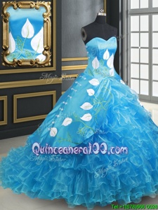 Colorful Sleeveless Brush Train Lace Up With Train Embroidery and Ruffled Layers Sweet 16 Dress