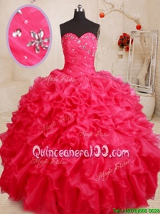 Custom Designed Coral Red Ball Gowns Beading and Ruffles Vestidos de Quinceanera Lace Up Organza Sleeveless Floor Length