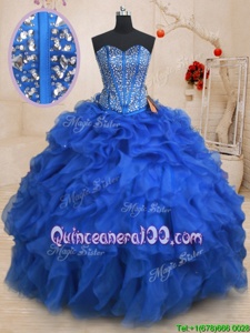 Modern Floor Length Royal Blue Vestidos de Quinceanera Organza Sleeveless Spring and Summer and Fall and Winter Beading and Ruffles