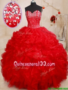 Wonderful Red Lace Up Sweetheart Beading and Ruffles Sweet 16 Quinceanera Dress Organza Sleeveless