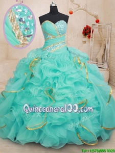 Eye-catching Beading and Ruffles and Sequins 15 Quinceanera Dress Apple Green Lace Up Sleeveless Floor Length