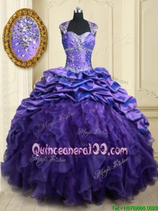 Low Price Straps Straps Purple Cap Sleeves Brush Train Beading and Ruffles and Pick Ups Quinceanera Dress