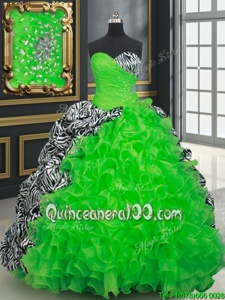 Perfect Spring Green Ball Gowns Beading and Ruffles and Pick Ups Sweet 16 Dresses Lace Up Organza and Printed Sleeveless