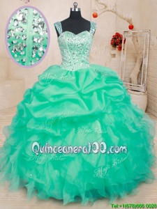 Turquoise 15 Quinceanera Dress Military Ball and Sweet 16 and Quinceanera and For withBeading and Ruffles and Pick Ups Straps Sleeveless Lace Up