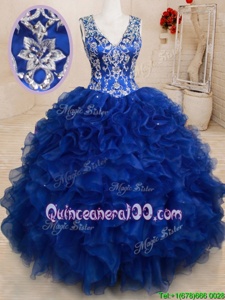 Custom Designed Royal Blue Backless V-neck Beading and Embroidery and Ruffles Quince Ball Gowns Organza Sleeveless