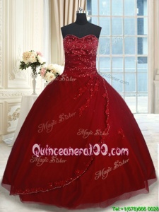 Exquisite Sleeveless Tulle Floor Length Lace Up Quinceanera Gowns inWine Red forSpring and Summer and Fall and Winter withBeading and Appliques