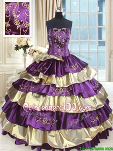 Cute Purple and Gold Taffeta Lace Up Strapless Sleeveless Floor Length Sweet 16 Dresses Beading and Ruffled Layers
