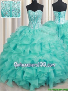 Elegant Turquoise Ball Gowns Beading and Ruffles Sweet 16 Dresses Lace Up Organza Sleeveless