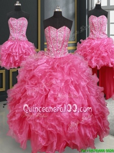 Stunning Four Piece Hot Pink Ball Gowns Organza Sweetheart Sleeveless Beading and Ruffles Floor Length Lace Up 15 Quinceanera Dress
