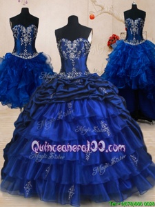 Vintage Four Piece Royal Blue Organza and Taffeta Lace Up Sweetheart Sleeveless With Train Quinceanera Dresses Brush Train Beading and Ruffled Layers and Pick Ups
