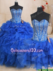 Captivating Three Piece Royal Blue Sleeveless Organza Lace Up Quinceanera Gowns forMilitary Ball and Sweet 16 and Quinceanera